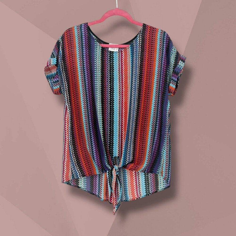 Gray LA Geometric Chevron‎ Print Tie Front Knot Blouse Top Size M